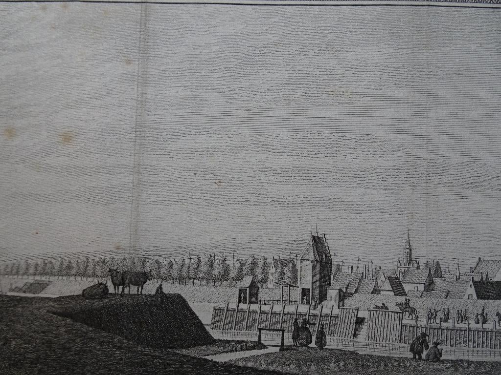 gravure lang zicht op Tholen, JC Philips Tirion 1752, Verzenden, Stadsgezicht, Gravure, Origineel