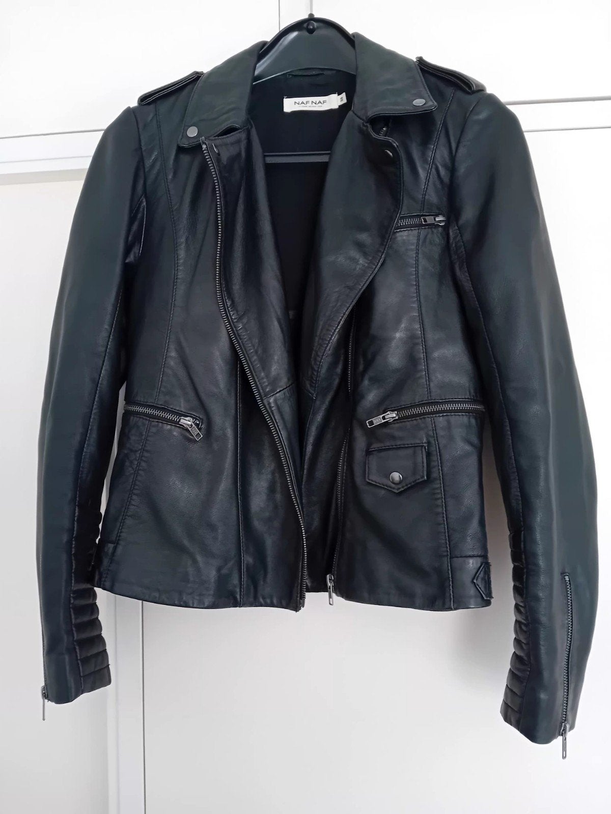 Naf Naf biker jacket 100% echt leer, Verzenden, Zo goed als nieuw, Maat 38/40 (M), Zwart