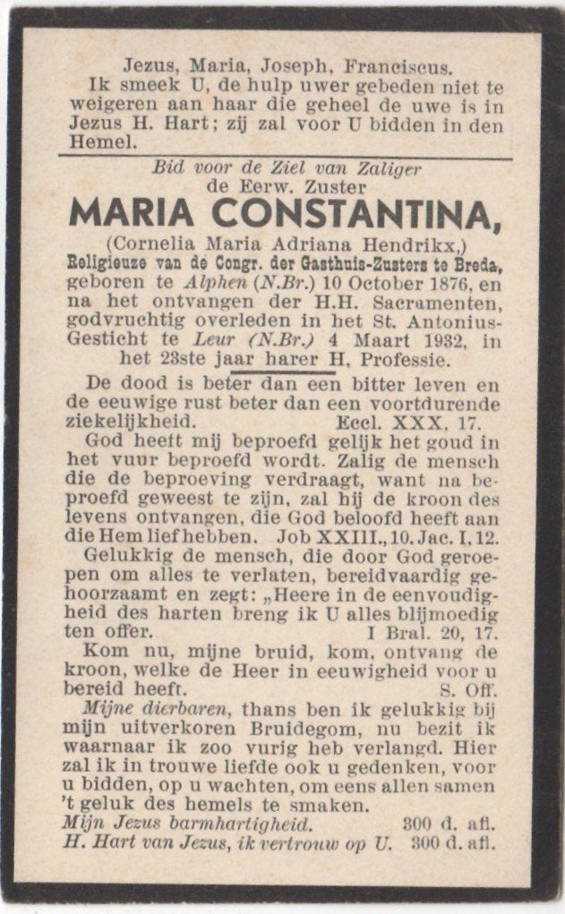 zr. Cornelia M. Hendrikx 1876 Alphen (N.Br.) + 1932 Leur, Ophalen of Verzenden