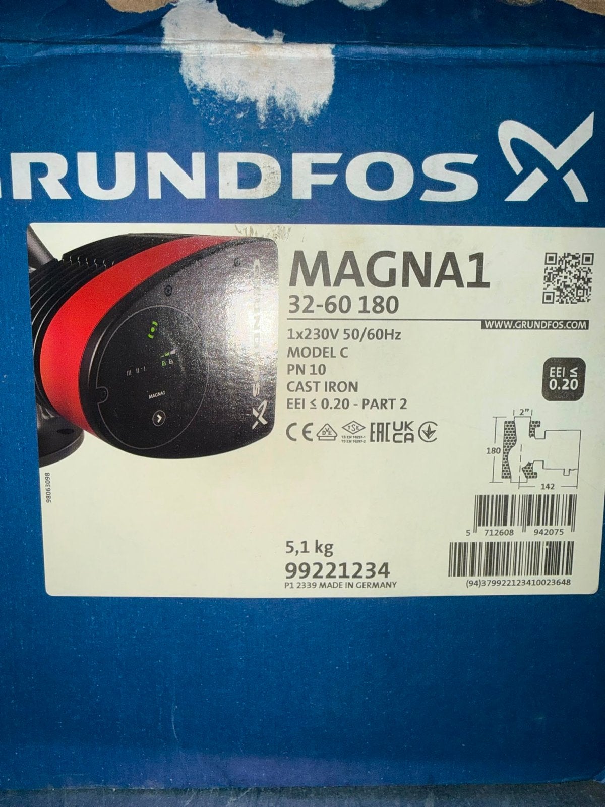 Grundfos MAGNA1 32-60 180 circulatiepomp nieuw in doos, Ophalen, Nieuw, Elektrisch, Overige typen