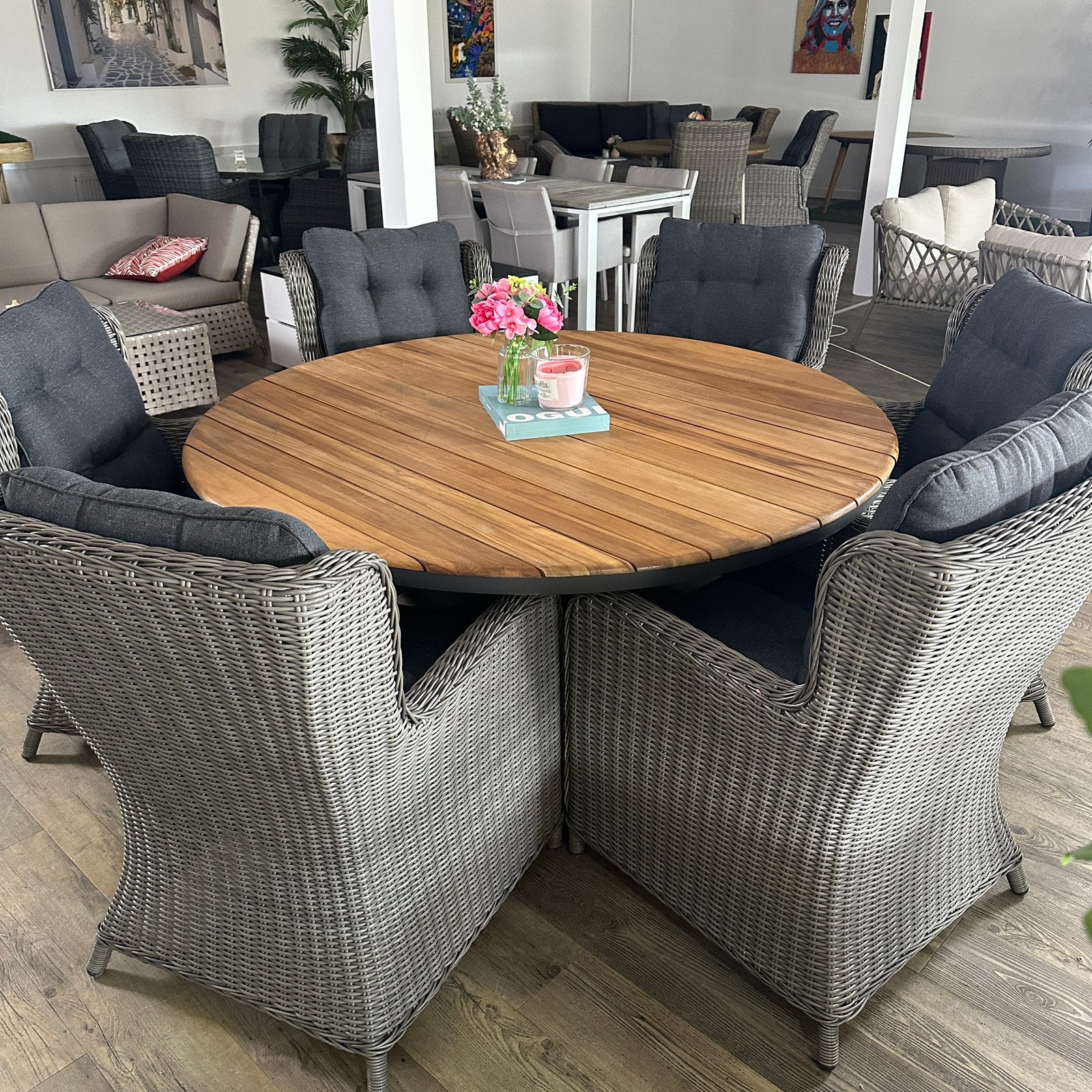 Luxe Ronde Teak Tuinset – 6 Stoelen — ZGAN - TWV €2800,-, Tuin en Terras, Eettafel, ., Teakhout, Zo goed als nieuw