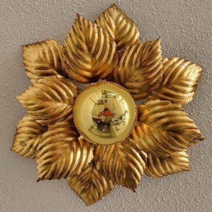 3x Italiaanse vintage plafoniere Masca bladgoud plafond wand, Dimbaar, Zo goed als nieuw, Metaal, 41 cm