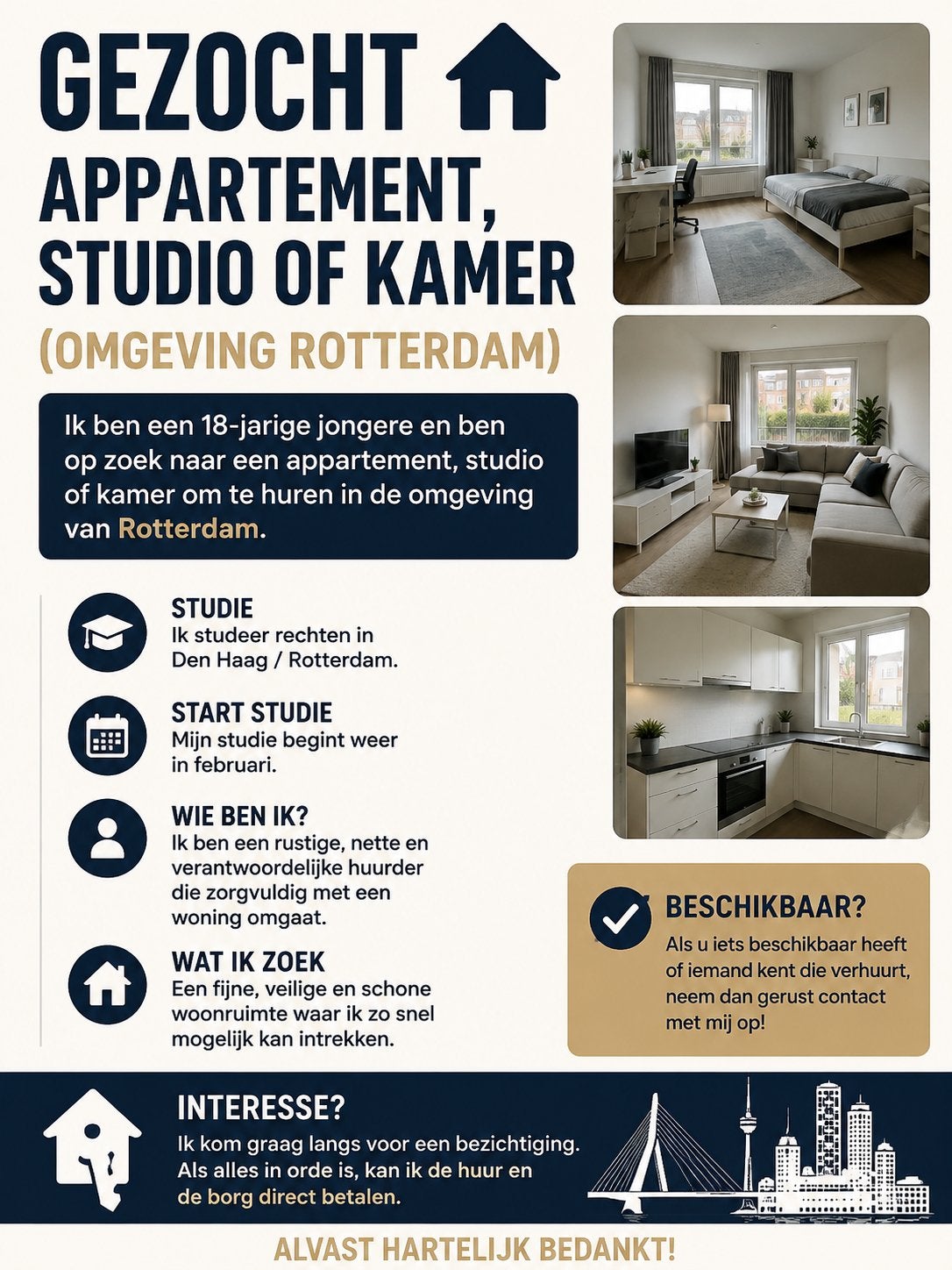 Gezocht: Appartement, Studio of Kamer (omgeving Rotterdam), Huizen en Kamers, Rotterdam