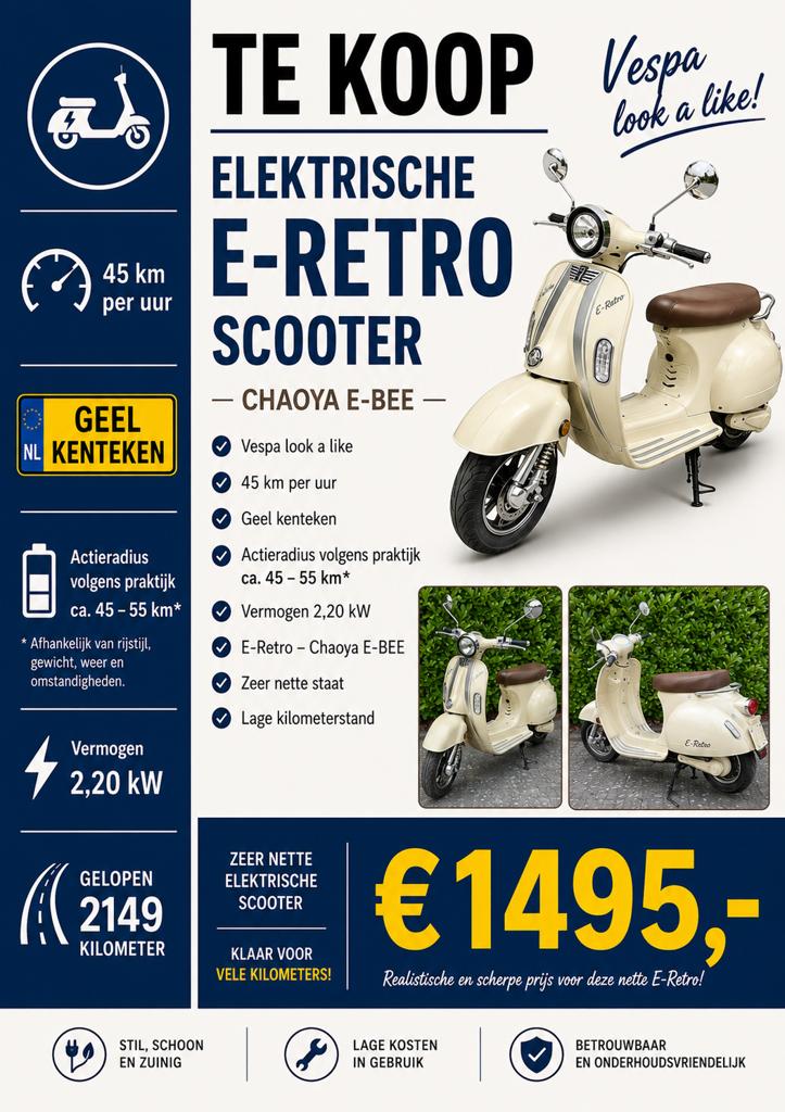 Elektrische E-Retro Scooter – Vespa look a like – 45 km/u –, Fietsen en Brommers, Scooters | Overige merken, Ophalen, Maximaal 45 km/u