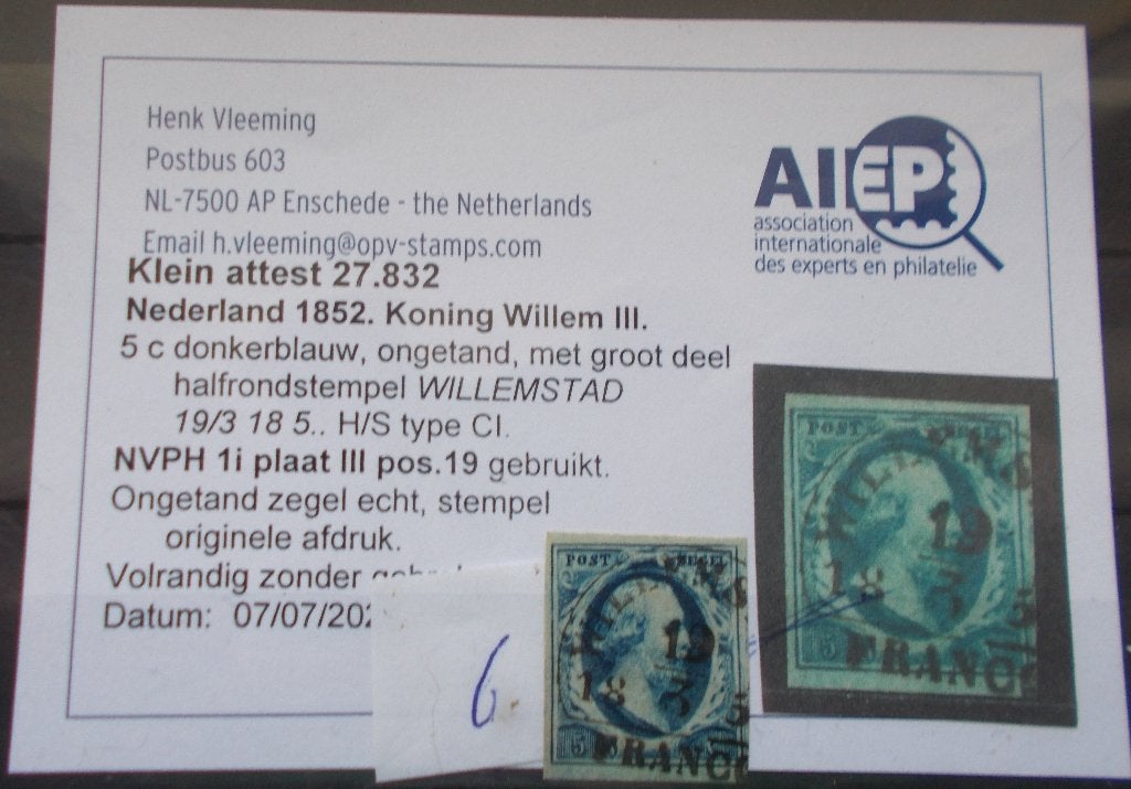 Ned 1i gestempeld met attest, Postzegels en Munten, Ophalen of Verzenden, T/m 1940, Gestempeld