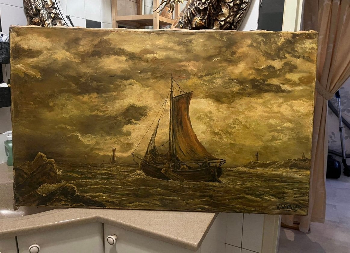 Antiek groot olieverf zee met boot schilderij, Ophalen