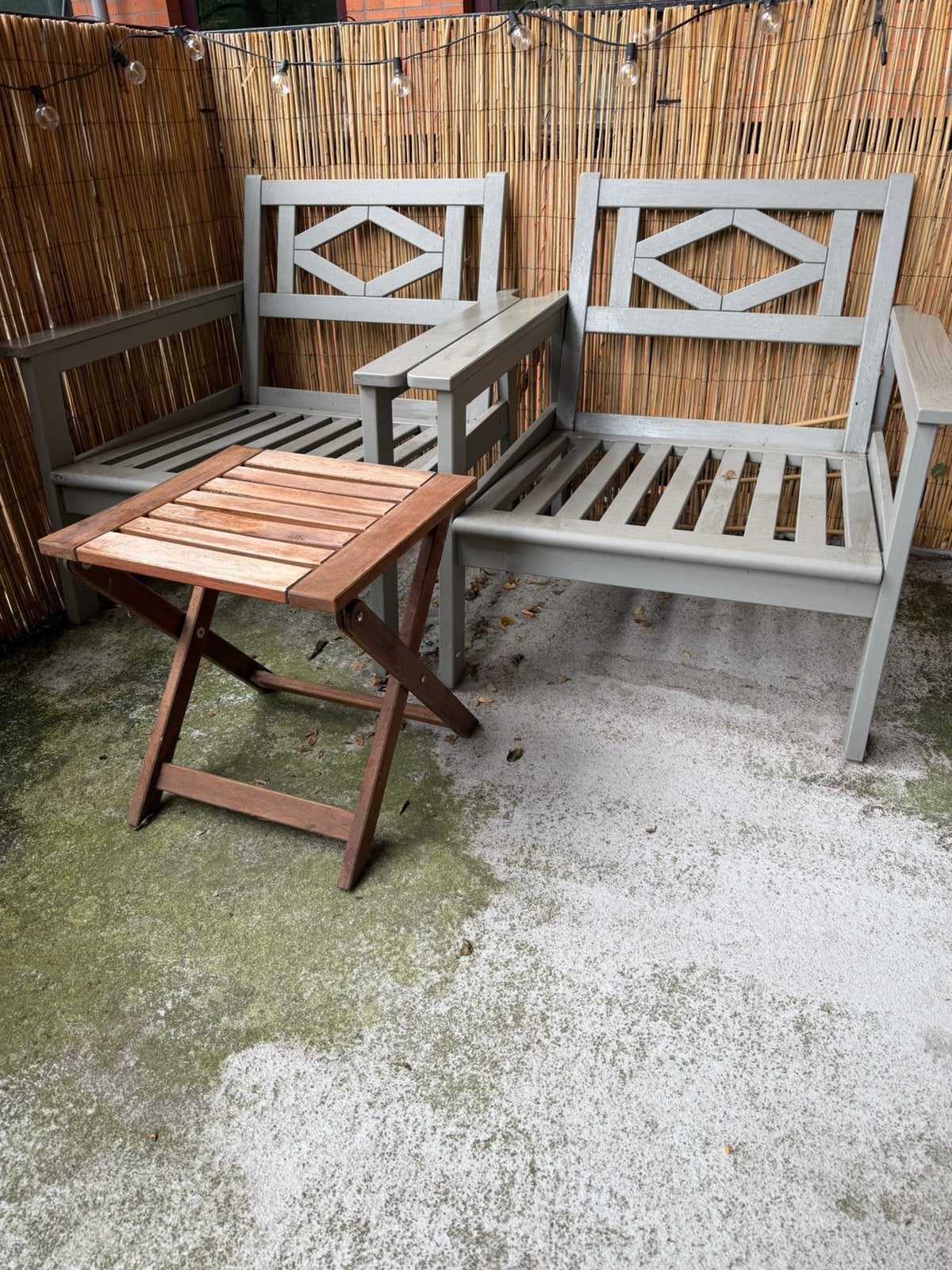 2x IKEA Bondholmen tuinstoel (+kussens) + nammaro tafeltje, Ophalen, Gebruikt, Kunststof