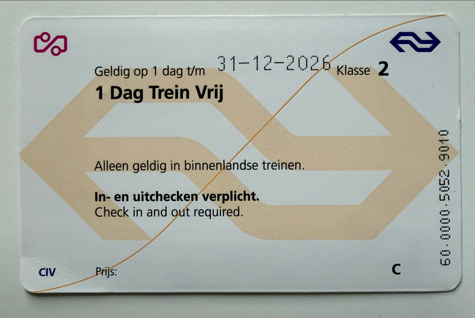 1 Dag Trein Vrij Ticket, NS, geldig t/m 31-12-26, Eén persoon, Trein, Nederland, Overige typen