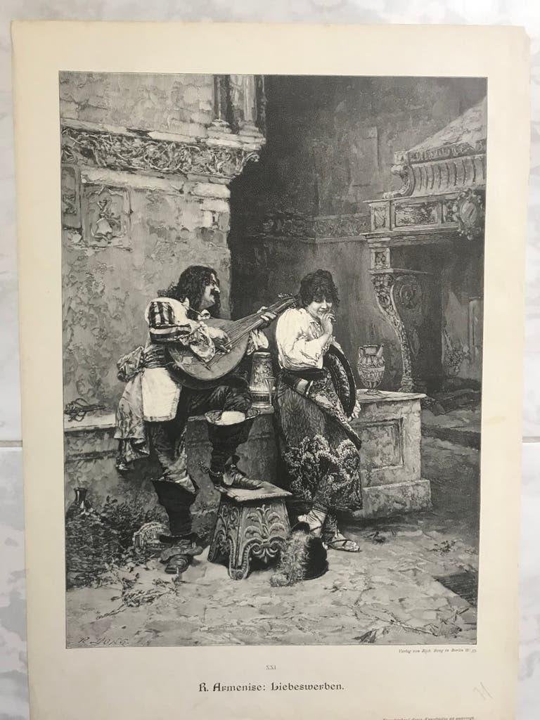 1894, R. Armenise: Liebeswerben, or. gravure, 32x23cm. Mooi!, Antiek en Kunst, Origineel, Dagelijks leven, 1800 - 1899, 23 cm