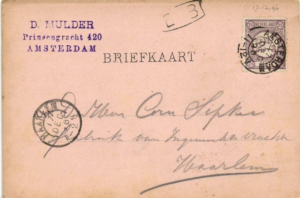 D. Mulder, Amsterdam - 12.1896 - briefkaart, Ophalen of Verzenden, Briefkaart