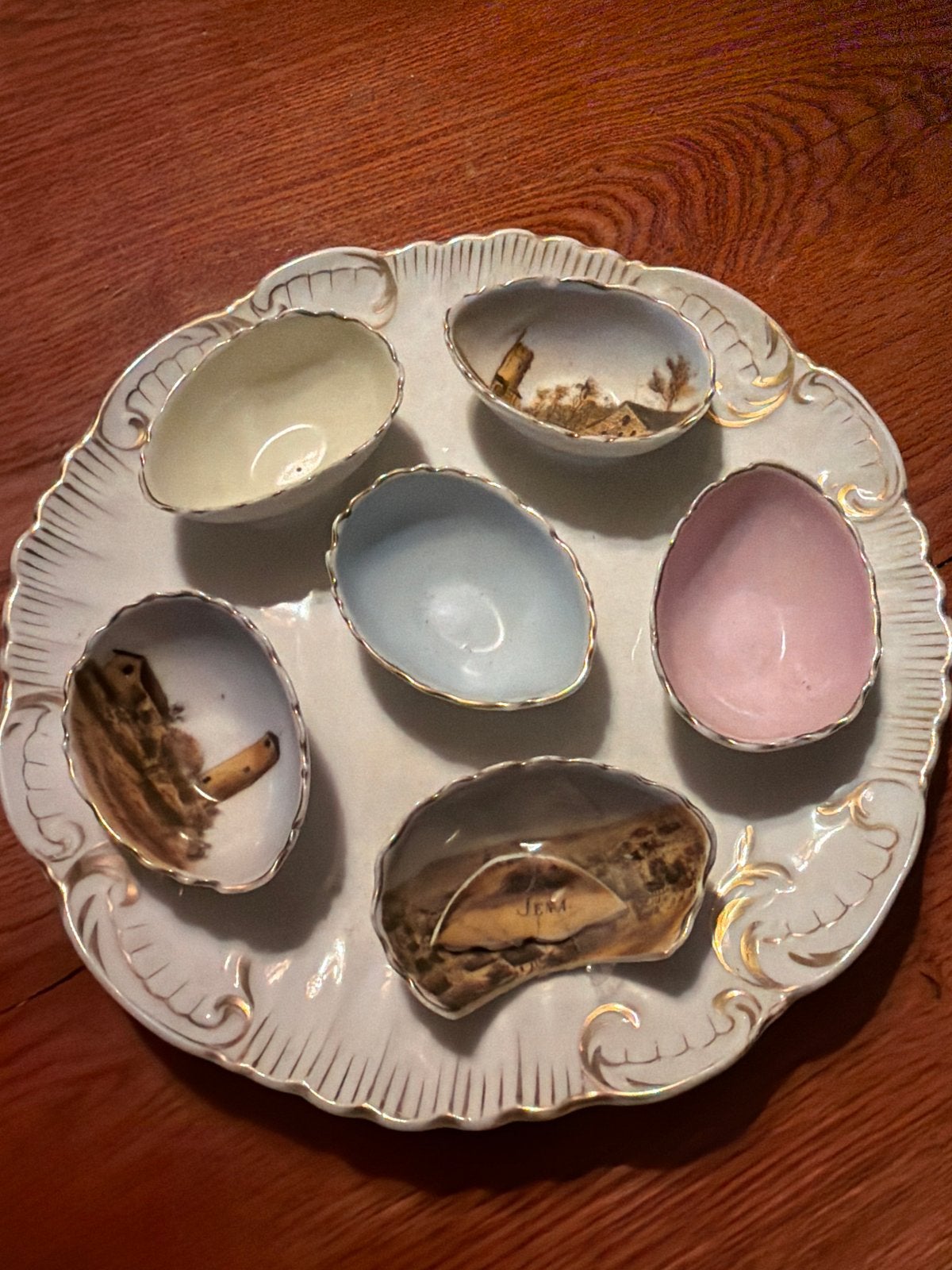 Antieke oesterschaal met 6 losse schaaltjes, Antiek en Kunst, Ophalen of Verzenden