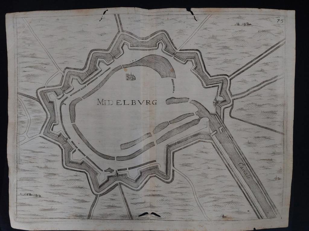 Stadsplattegrond van Middelburg gravure uit 17e eeuw, Ophalen of Verzenden