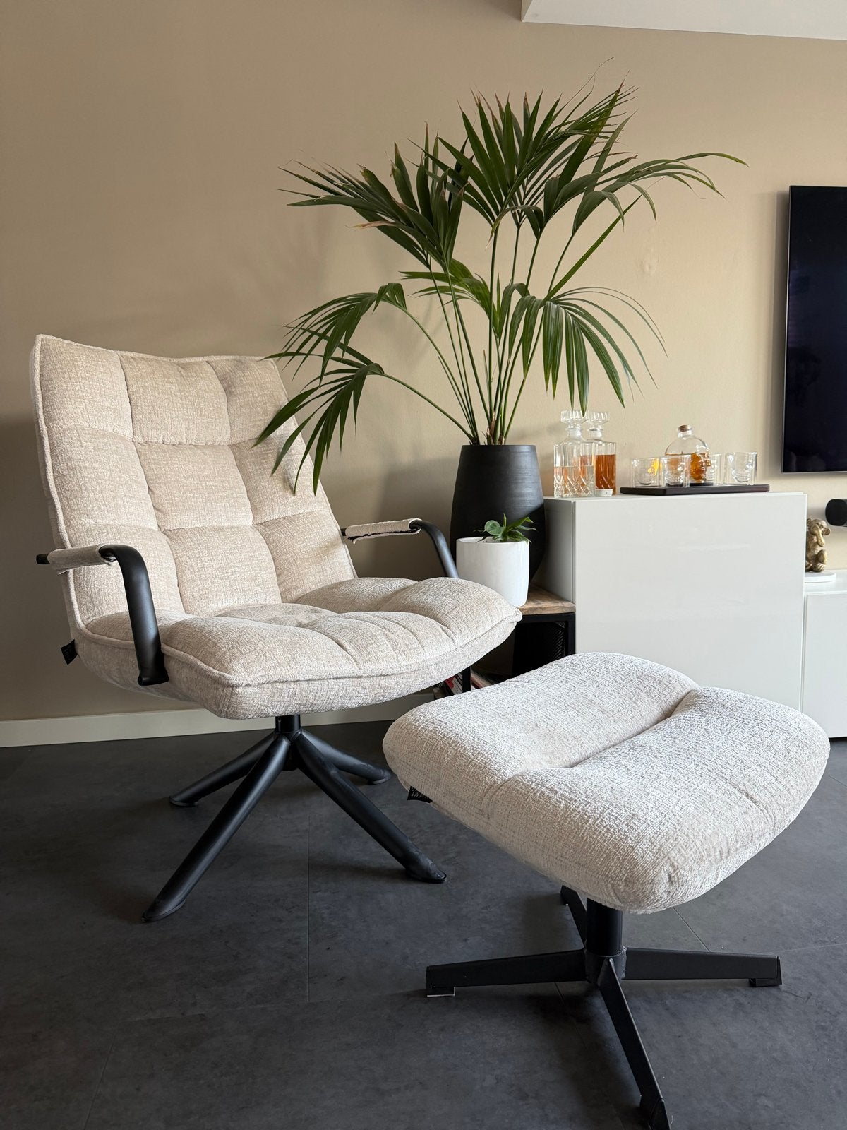 Draaifauteuil stoel Hidde Solo met hocker - naturel, Huis en Inrichting, Fauteuils, Ophalen, Zo goed als nieuw, Stof, 75 tot 100 cm