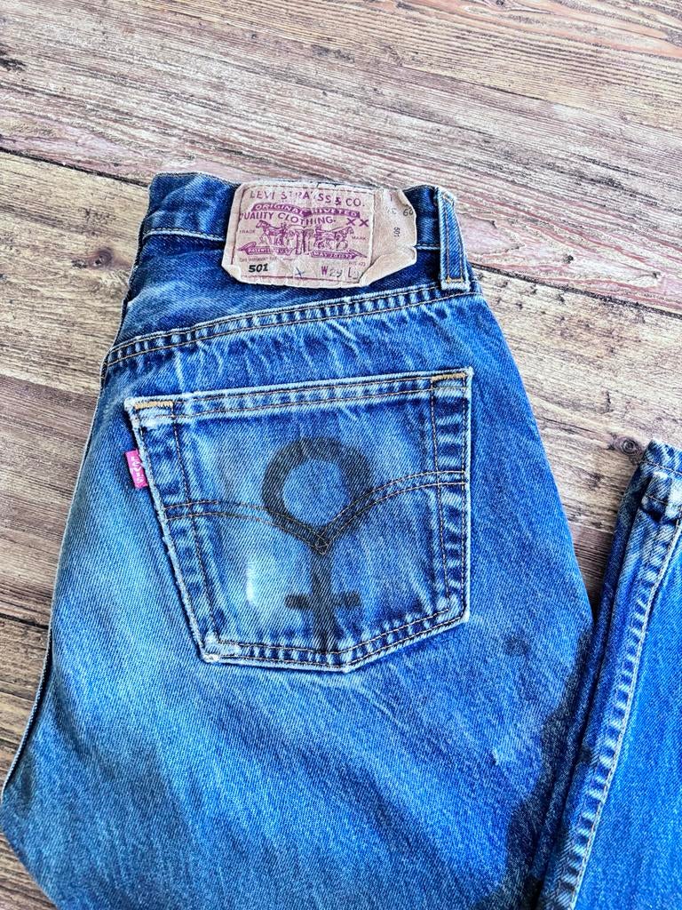 Levi's 501 Jeans met Unieke Gender Symbool Print, Blauw, Ophalen of Verzenden, Maat 36 (S), Lang