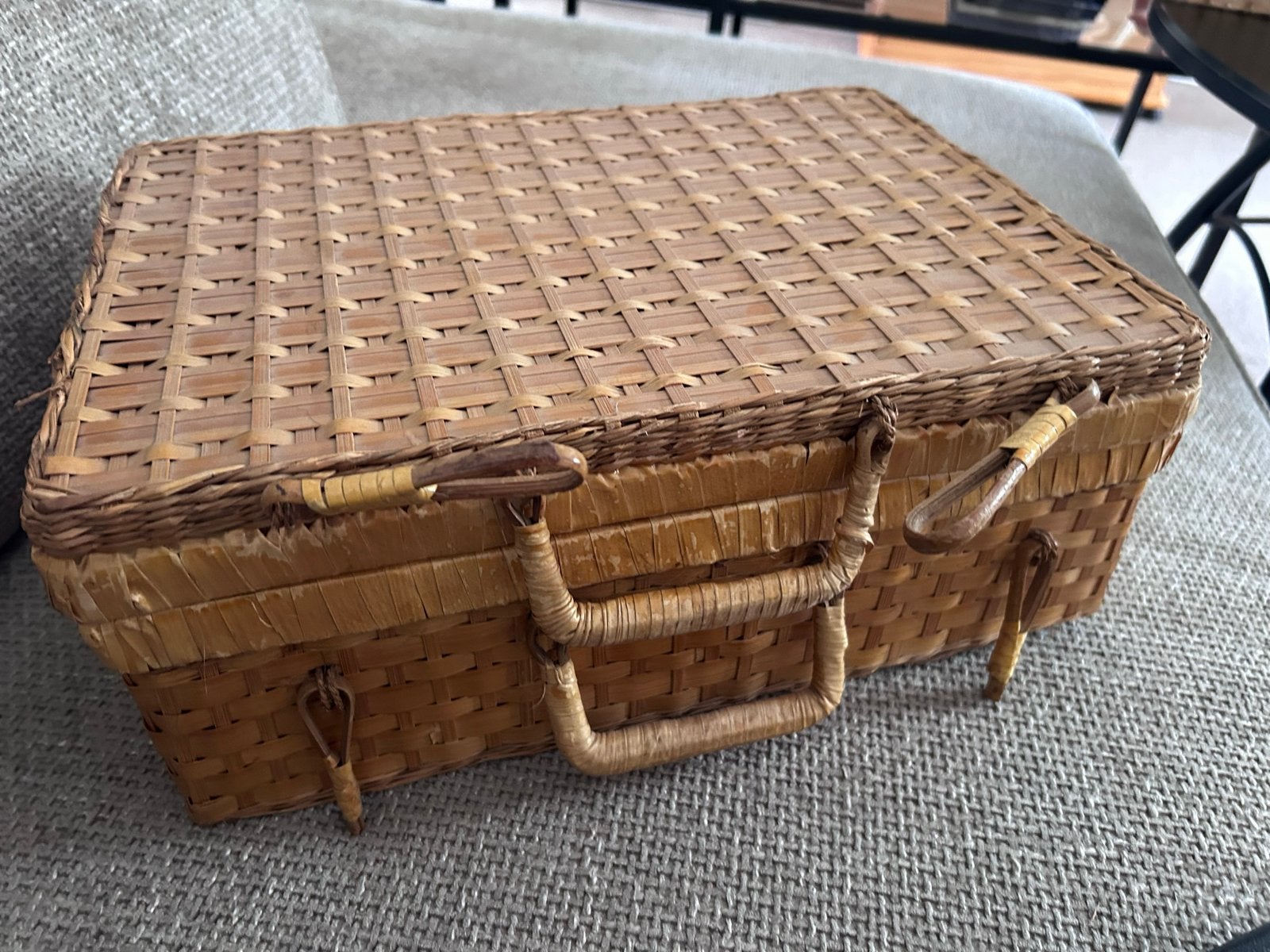 Vintage rieten picknickmand riet opbergkoffer koffer mand, Ophalen of Verzenden
