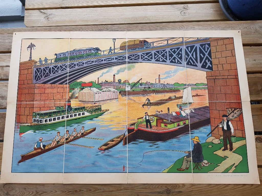 Onder de brug oude schoolplaat uit Frankrijk litho op canvas, Antiek en Kunst, Origineel, Ophalen of Verzenden, Lithografie