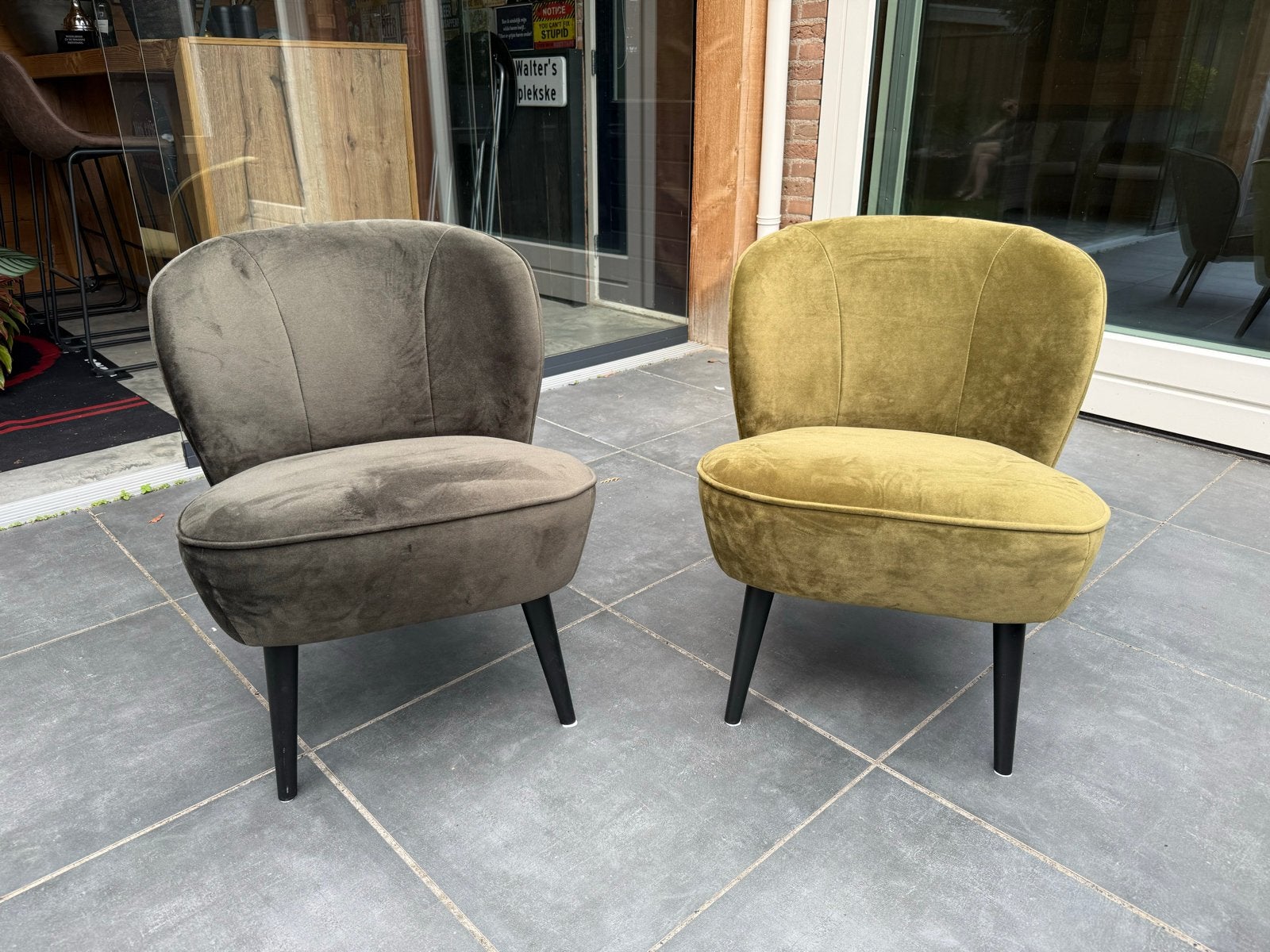 2 Wooood fauteuils type sara- warmgroen en olijfgroen, Ophalen, Twee, Overige kleuren, Zo goed als nieuw