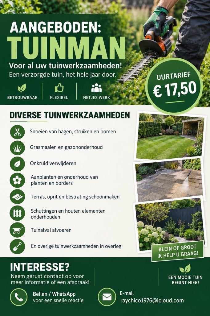Tuinman aangeboden, Tot en met 24 uur, MBO, Vanaf 5 jaar, Overige vormen