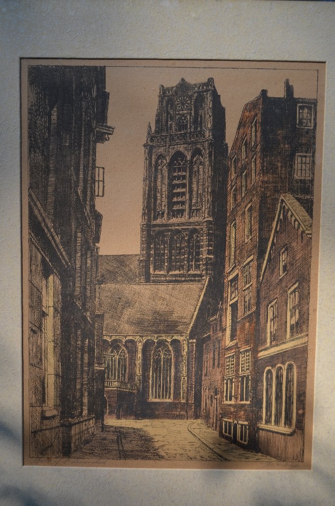 Ets Laurenskerk Rotterdam gesig. Jac. van Schip (?), Antiek en Kunst, Ingelijst, Architectuur, 67 cm, Ophalen of Verzenden