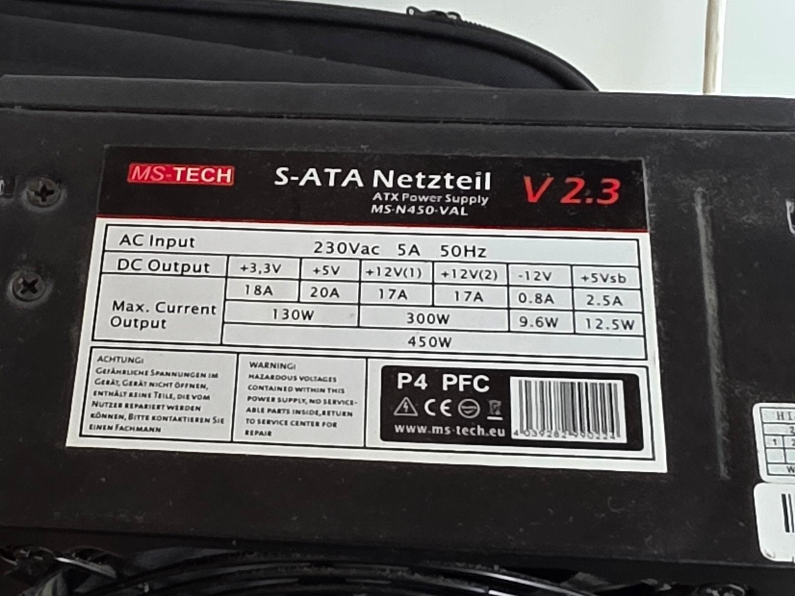 Ms-tech 450w max voeding psu power supply ms-n450-val, Gebruikt, ., Ophalen of Verzenden, .