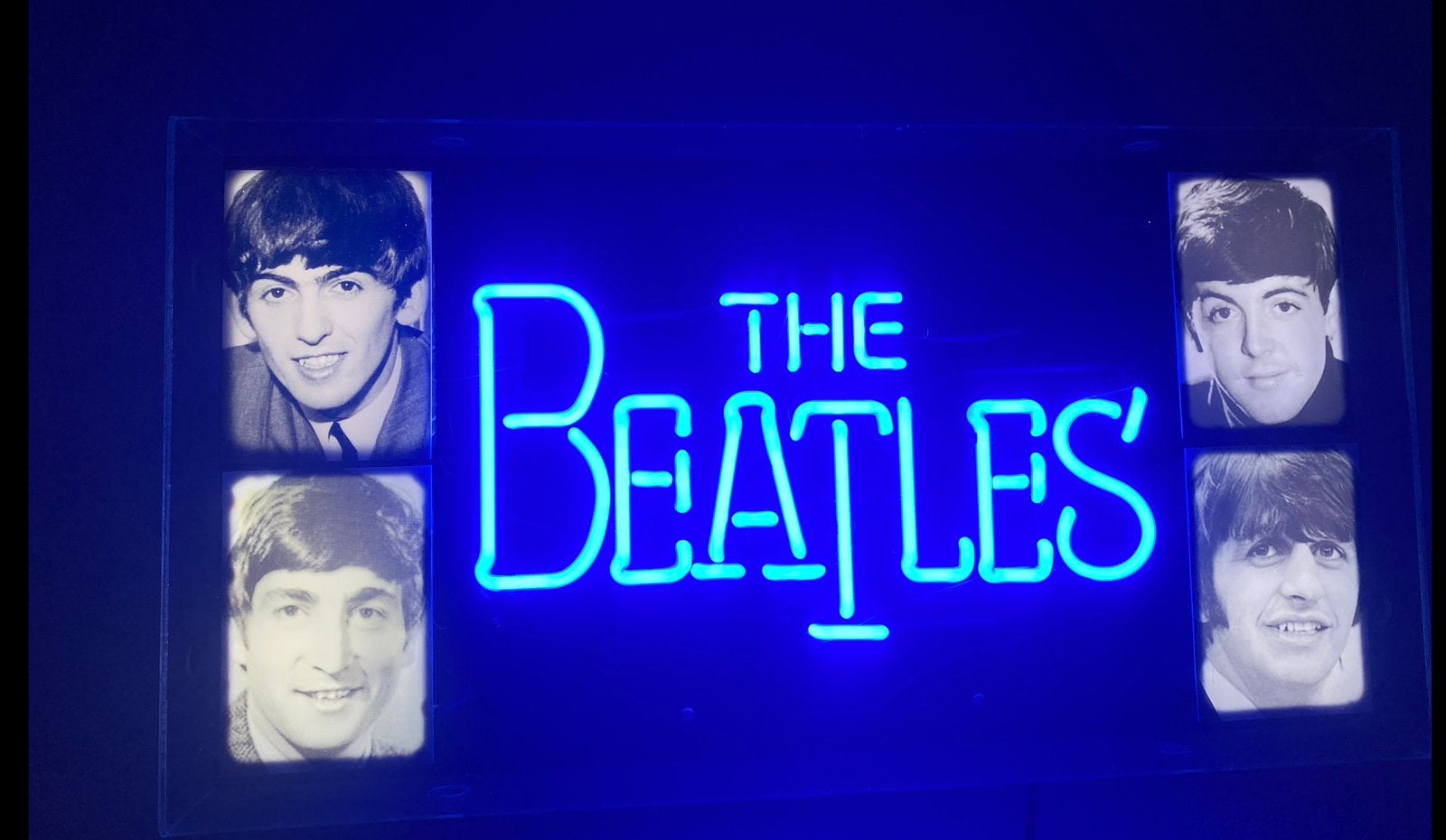 The beatles jhr 70 neon lichtbak met foto’s, Ophalen, Zo goed als nieuw, Lichtbak of (neon) lamp