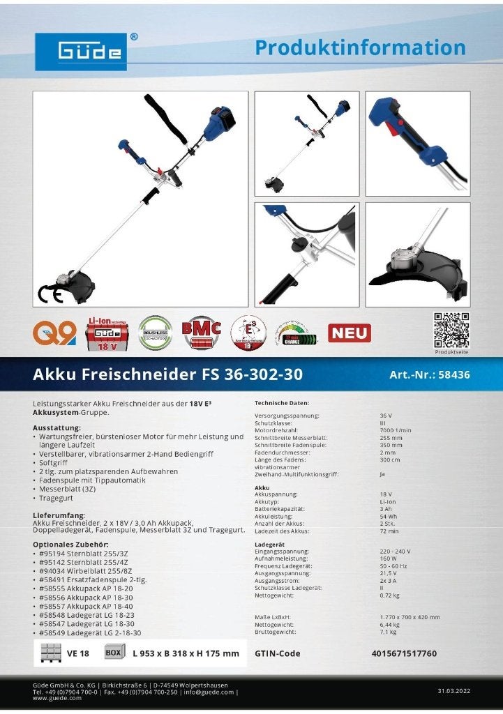 Gude FS 36-302-30 Sterke Accubosmaaier incl. 2 Accu's!!!, Ophalen, Accu, Nieuw, 30 tot 50 cm