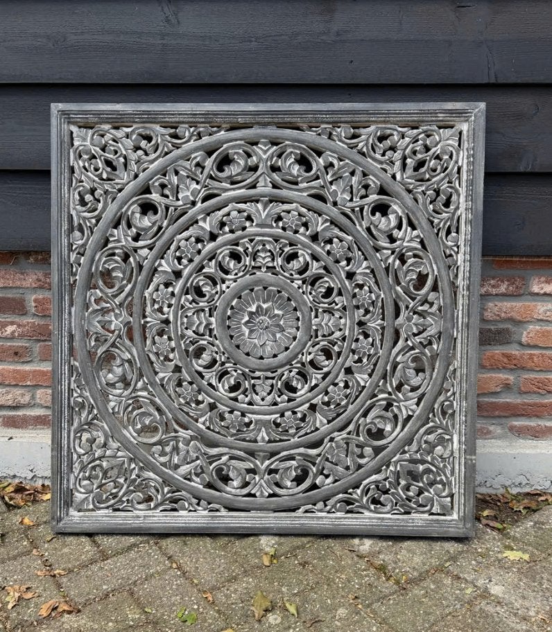 Groot gesneden houten wandpaneel - Grijs/Wit 90/90 cm, Ophalen, 90 cm, Hout, Zo goed als nieuw