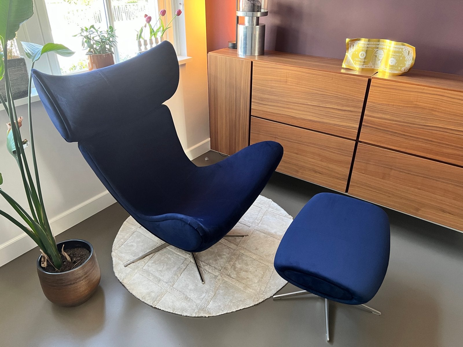 Boconcept Imola Fauteuil en Voetenbank | Velours Blauw, 75 tot 100 cm, Ophalen of Verzenden, Zo goed als nieuw, 75 tot 100 cm