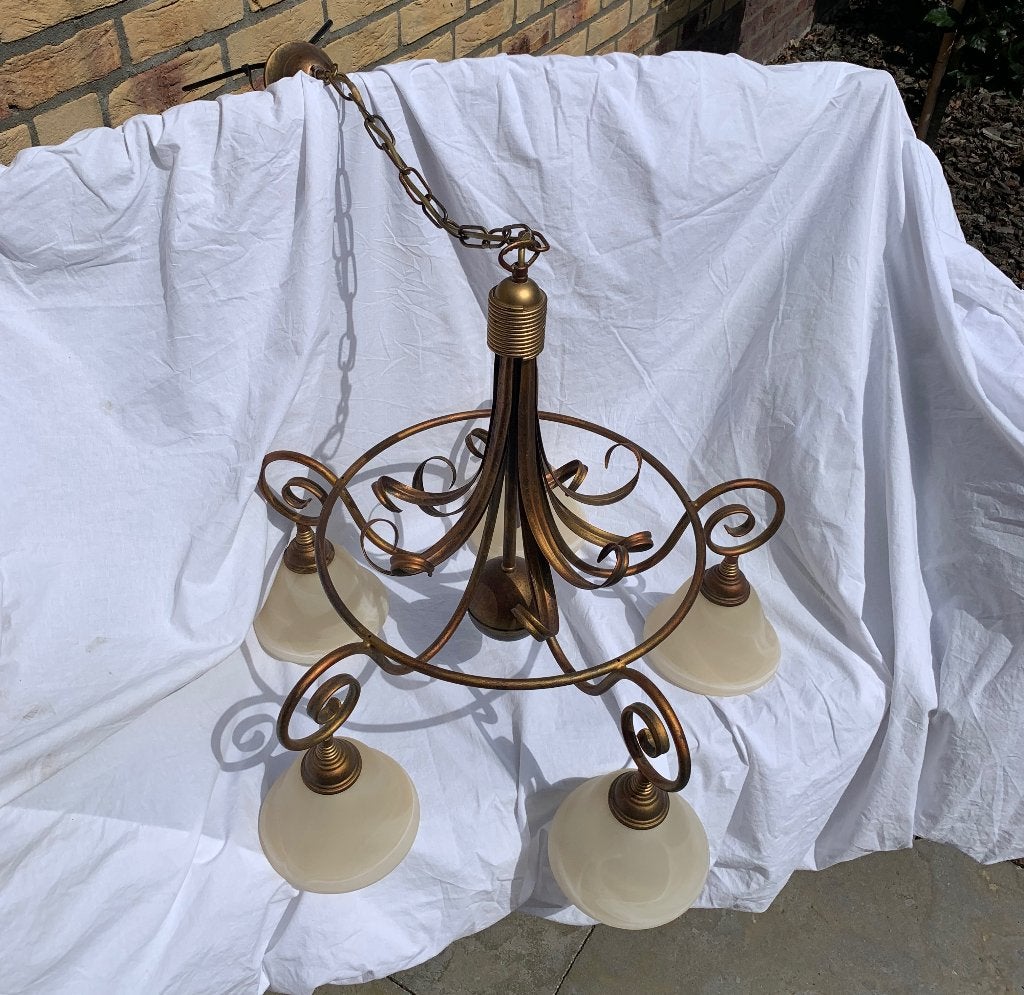 Bronskleurige hanglamp met 5 glazen kapjes, Ophalen, E14 (klein), Zo goed als nieuw, Glas