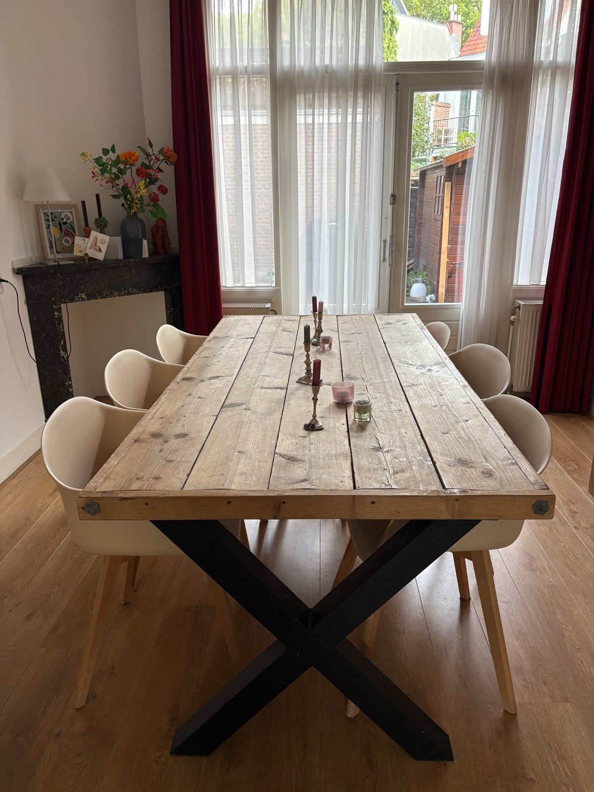 6x Eetkamerstoelen Licht Roze/Beige/Hout - Gebruikt, Huis en Inrichting, Stoelen, Ophalen, Gebruikt, Overige kleuren, Vijf, Zes of meer stoelen