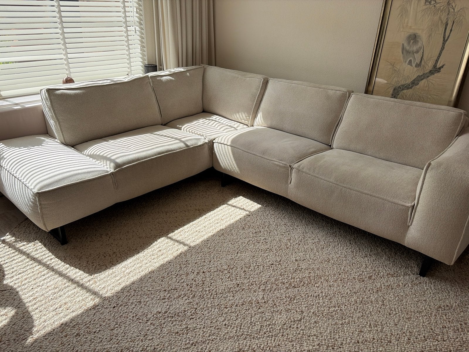 Comfortabele Hoekbank van de Troubadour, Crèmekleurig Stof, Ophalen, 250 tot 300 cm, 100 tot 125 cm, Hoekbank