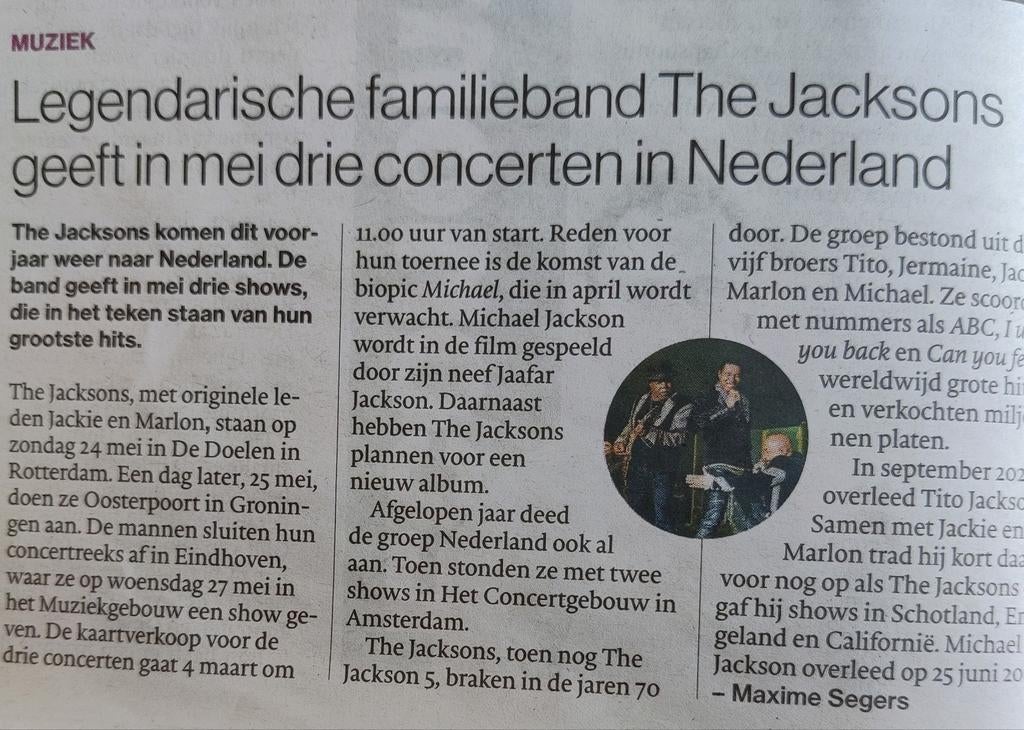 The Jacksons 3 concerten in Nederland. Krantenartikel, Verzamelen, Tijdschriften, Kranten en Knipsels, Knipsel(s), Nederland, 1980 tot heden
