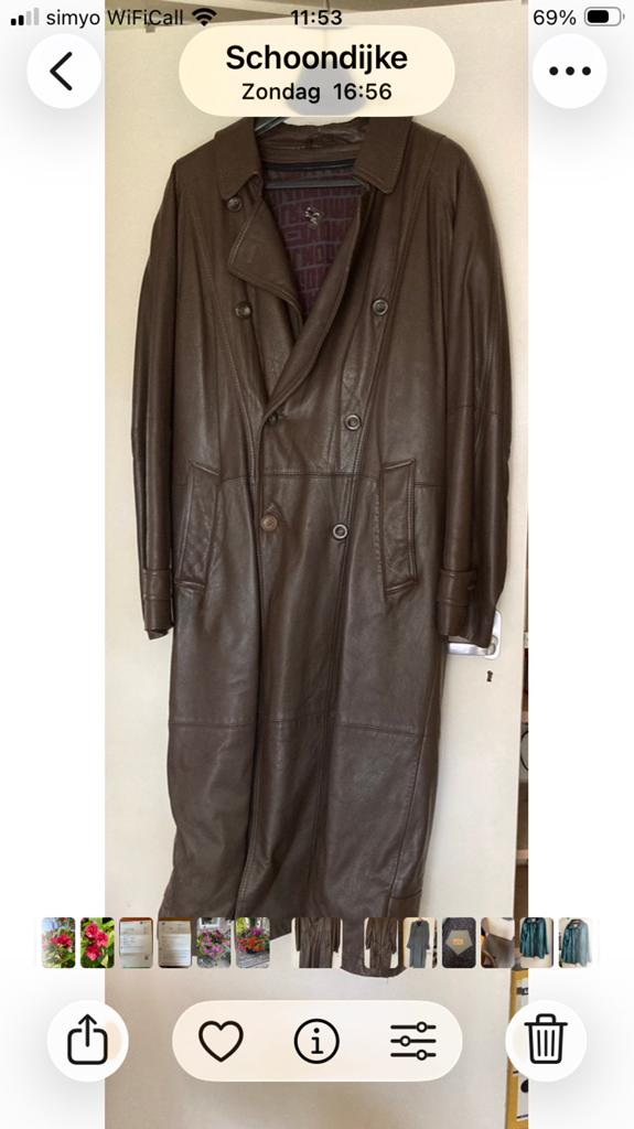 Lange leren jas mt L maar valt groot uit., Kleding | Heren, Jassen | Winter, Maat 52/54 (L), Bruin, Ophalen of Verzenden, Gedragen