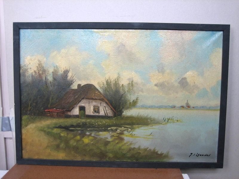 Witte boerderij aan het water, Doek, Ophalen of Verzenden, Olieverf, Klassiek