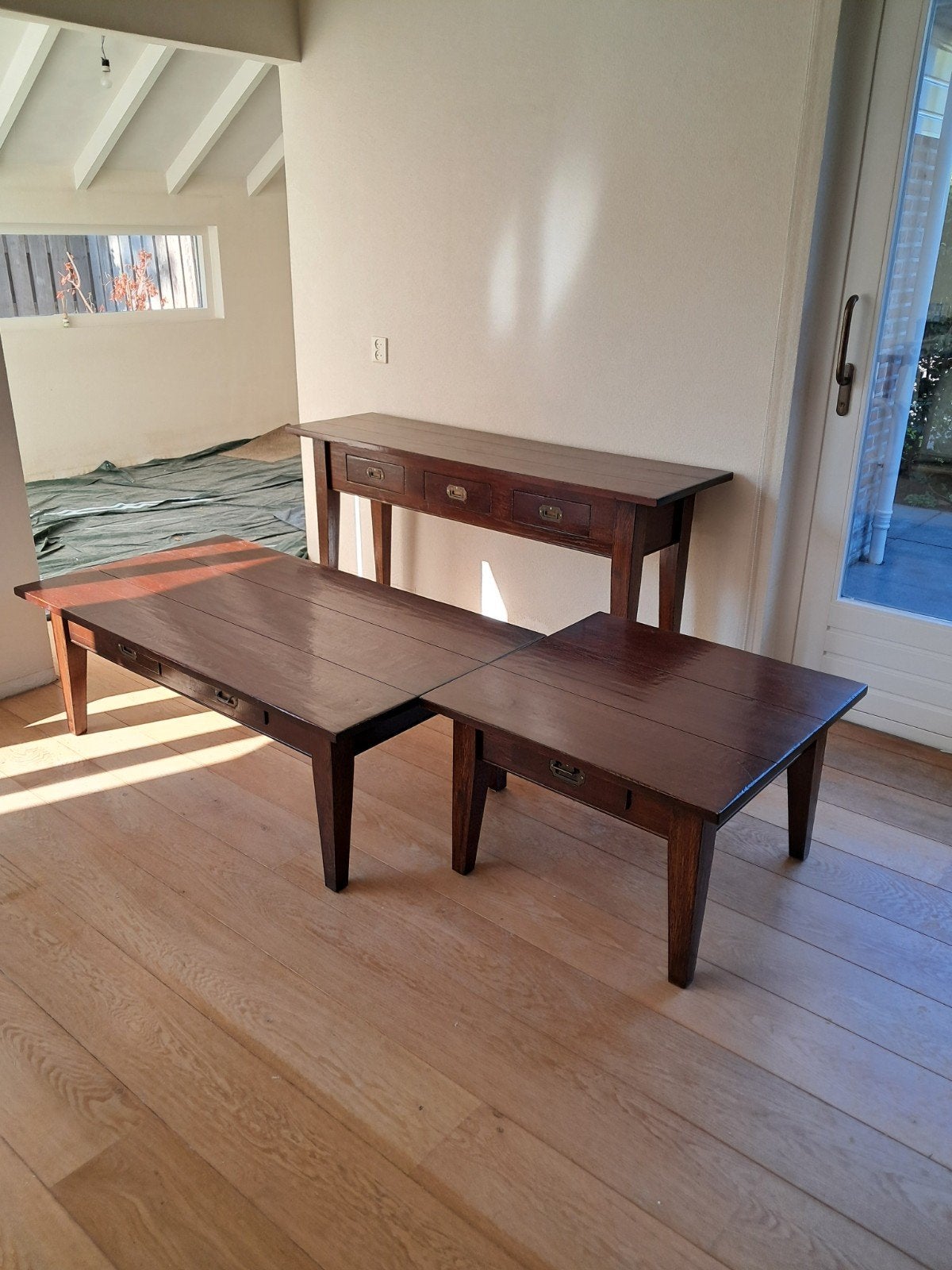 Set van 3 massief houten tafels: 2 salontafels, 1 consoleta, Ophalen