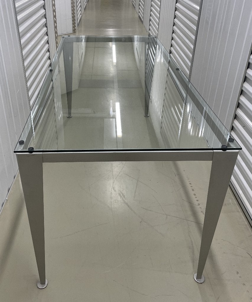 Metalen tafel met glazen tafelblad, Ophalen, Gebruikt, 50 tot 100 cm, Vijf personen of meer