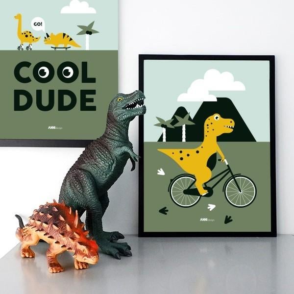Kinderposter Muurposter Poster Dino op Fiets ANNIdesign, Rechthoekig Staand, Nieuw, Ophalen of Verzenden, A1 t/m A3