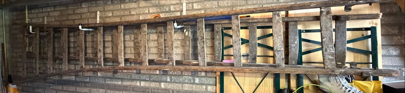 Dubbele uitschuifbare houten ladder 3,50 meter, Doe-het-zelf en Verbouw, Ophalen, Gebruikt, Ladder, 2 tot 4 meter