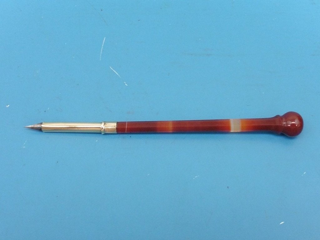 Gouden kroontjespen met streepagaat                      D11, Verzamelen, Pennenverzamelingen, Overige merken, Gebruikt, ., Overige typen