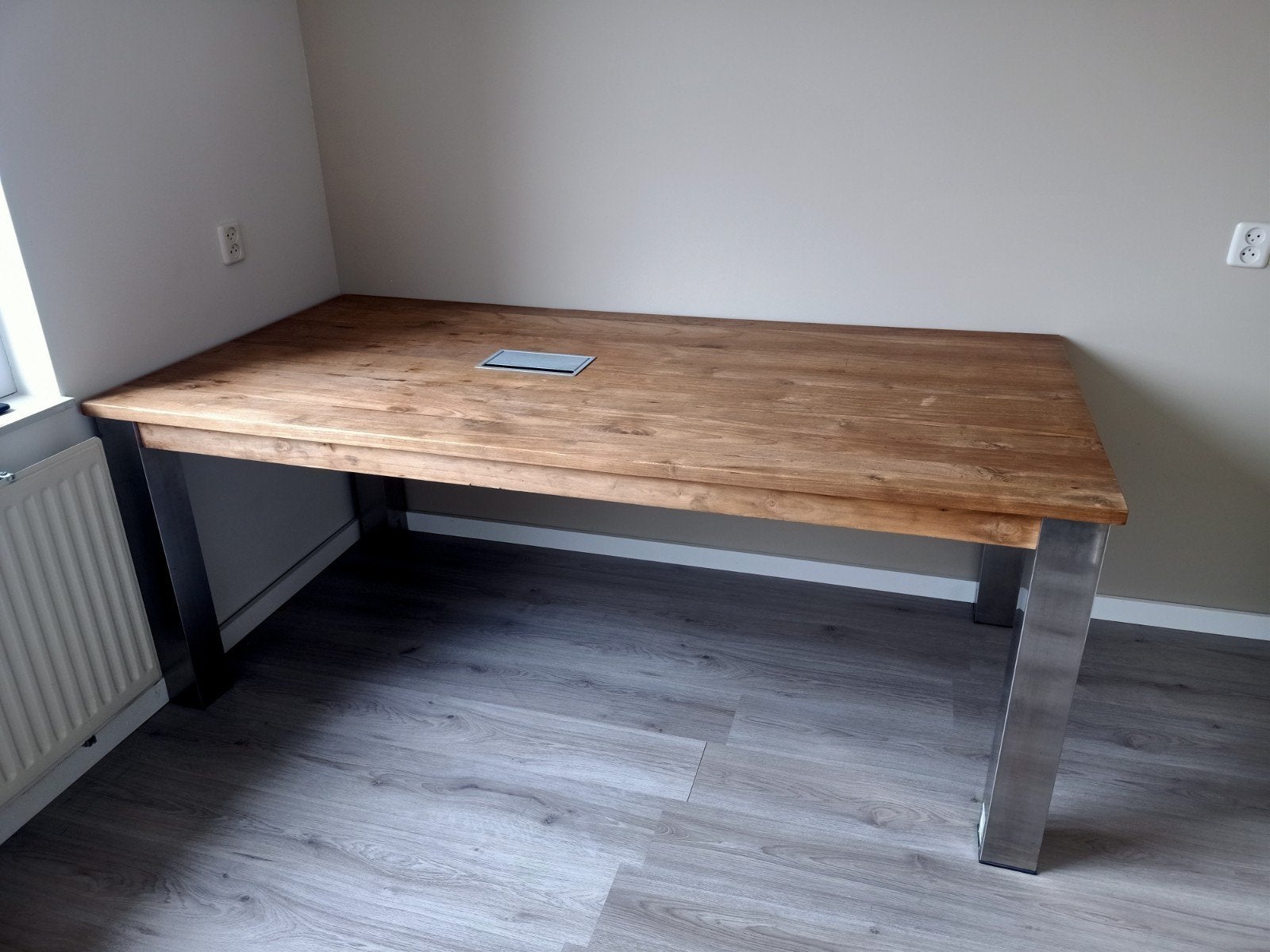 Grote eikentafel met rvs poten, Huis en Inrichting, Tafels | Eettafels, Ophalen, Gebruikt, 200 cm of meer, 50 tot 100 cm