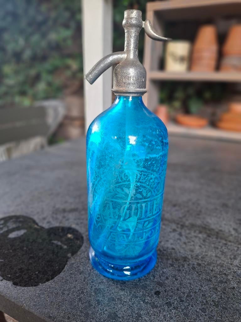 Antieke blauwe spuitfles met metalen kop, Antiek en Kunst, Ophalen of Verzenden