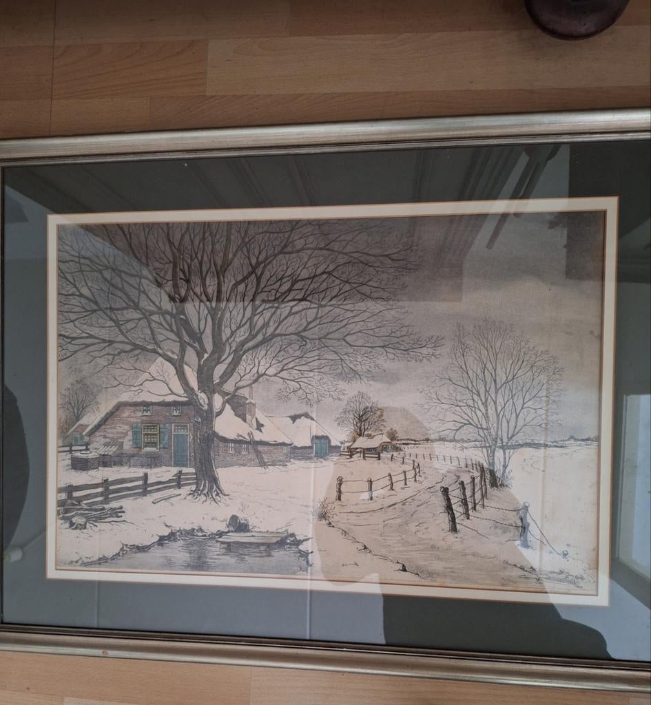 Ets Anton  van Hemert - Winterlandschap met boerderij, Antiek en Kunst, Kunst | Etsen en Gravures, Ophalen, Ingelijst, Ets, Landschap
