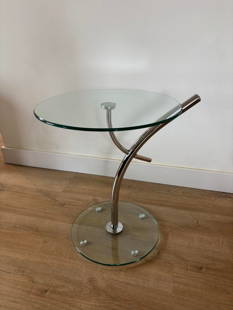 Bijzettafel glas en chroom, Huis en Inrichting, Tafels | Bijzettafels, Minder dan 55 cm, Rond, Ophalen, 45 tot 60 cm