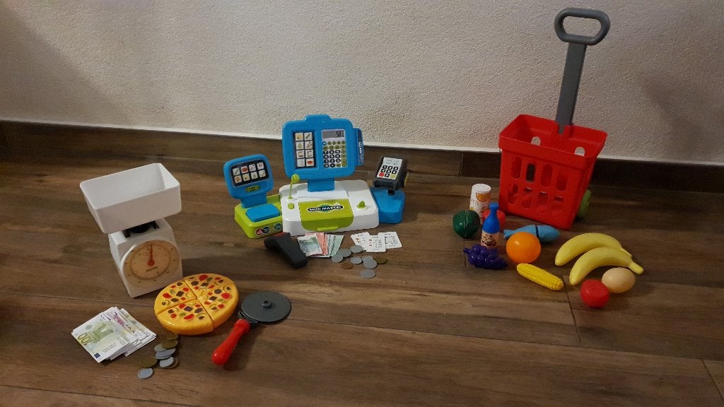Werkende kassa en spulletjes voor supermarkt, Ophalen of Verzenden, Gebruikt, Kunststof, Speelkeuken-accessoire
