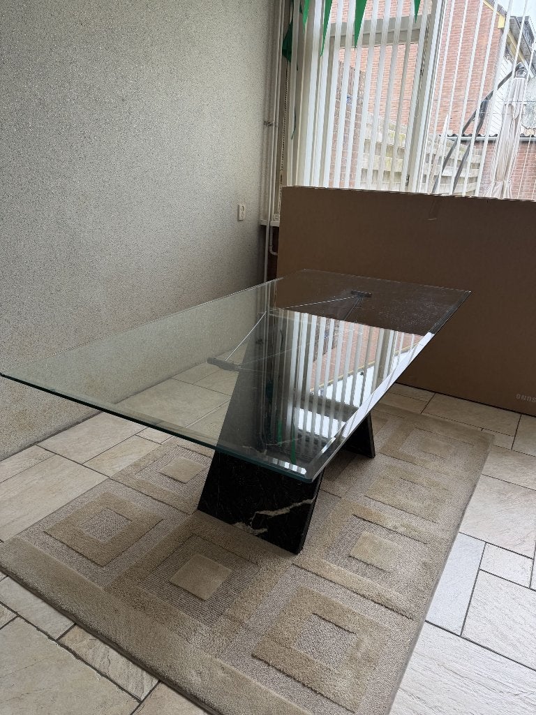Glazen eettafel met granieten onderstel 4 stoelen optioneel, Huis en Inrichting, Ophalen, Gebruikt, 50 tot 100 cm, 150 tot 200 cm