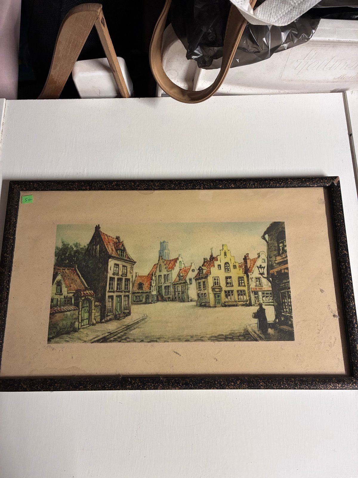 Oude stadsgezicht ets, handgekleurd, ingelijst, Handgekleurd, Ets, Stadsgezicht, Ophalen of Verzenden