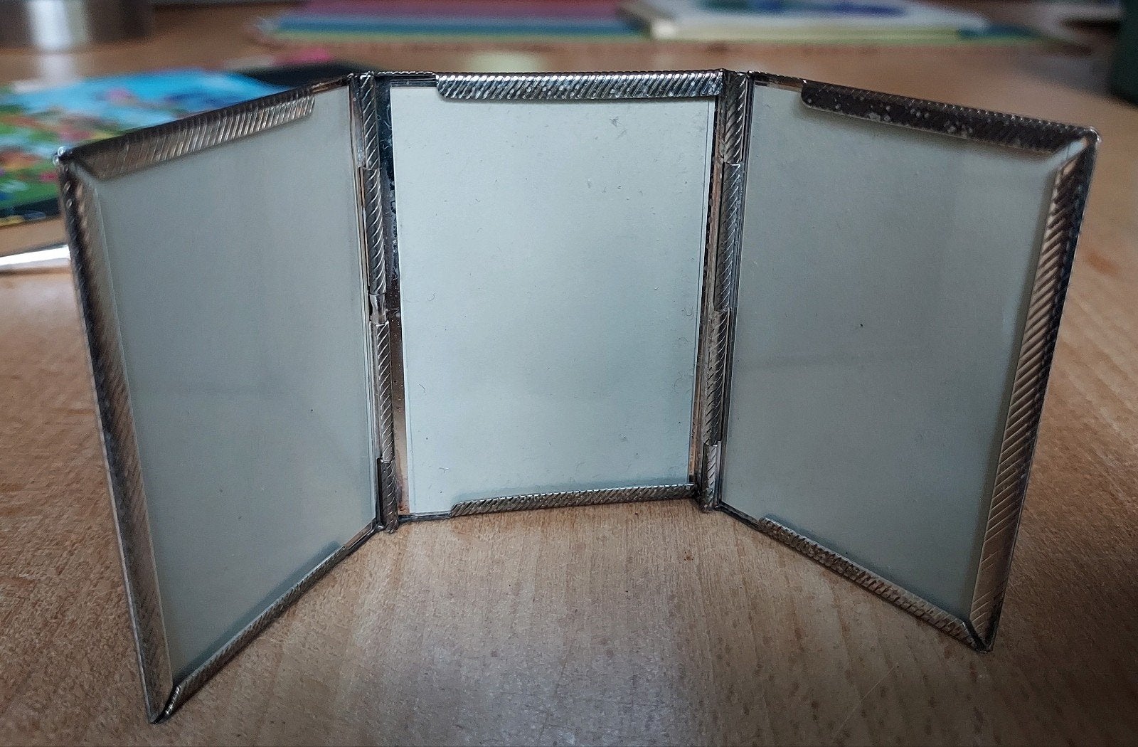 drieluik fotolijstje / reis-etui (Art Deco stijl), Gebruikt, Zilver, Metaal, Ophalen of Verzenden
