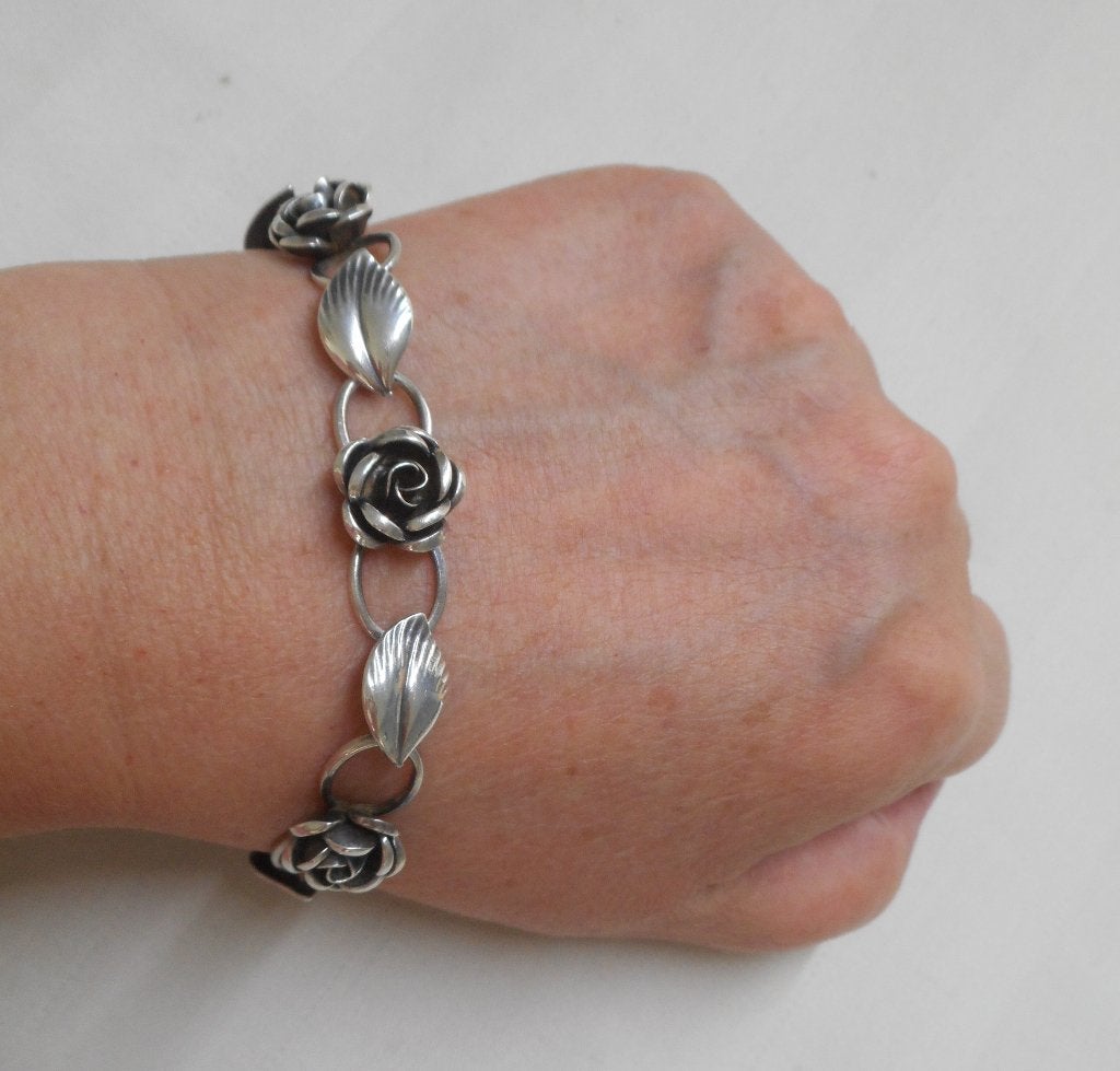 Zilveren vintage armband roos en blaadjes nr.796