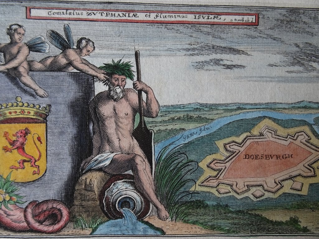 etskleur gravure allegorisch Zutphen, Doesburg Bouttats 1674, Cartografie, Gravure, Origineel, 1600 - 1699