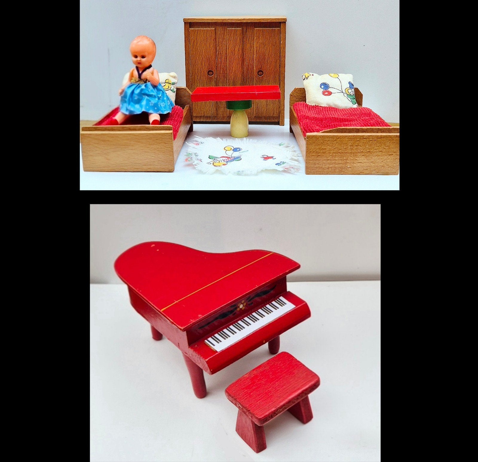 Poppenhuis meubeltjes 1:12 hout antiek vintage bedjes +piano, Antiek en Kunst, Antiek | Speelgoed, Ophalen of Verzenden